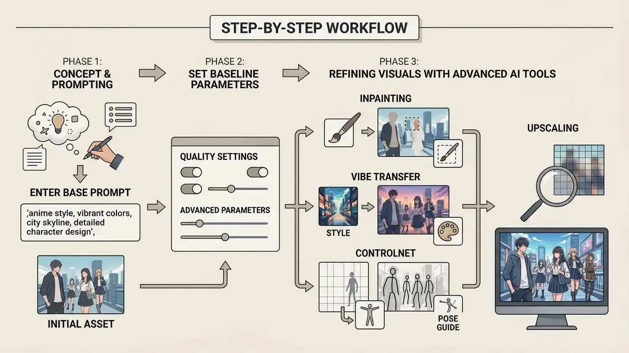 Infographic outlining three phases from initial prompting to parameter adjustment and advanced refinement