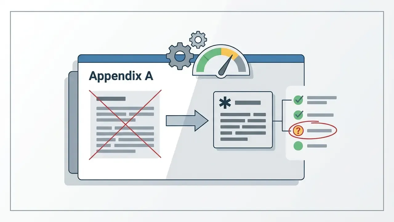Document with a crossed out section being processed into a checklist with a highlighted question mark