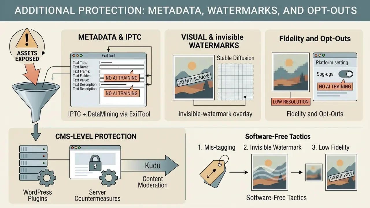 Infographic showing methods for protecting digital assets through metadata, watermarks, and CMS settings