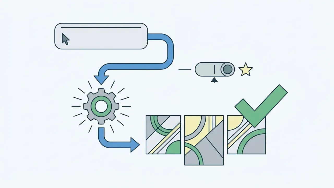 Input box and gear icon processing a prompt into three stylized image squares marked with a checkmark