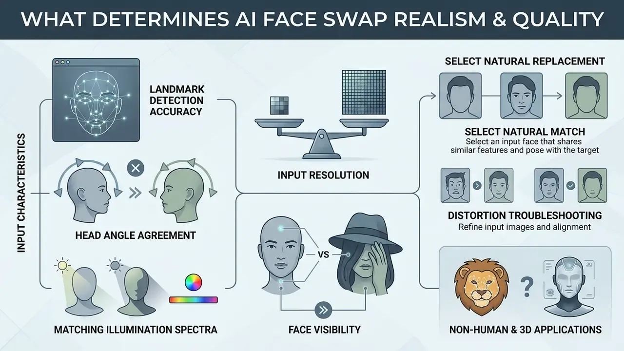 Infographic showing factors like landmark detection, head angles, lighting, and resolution for digital faces