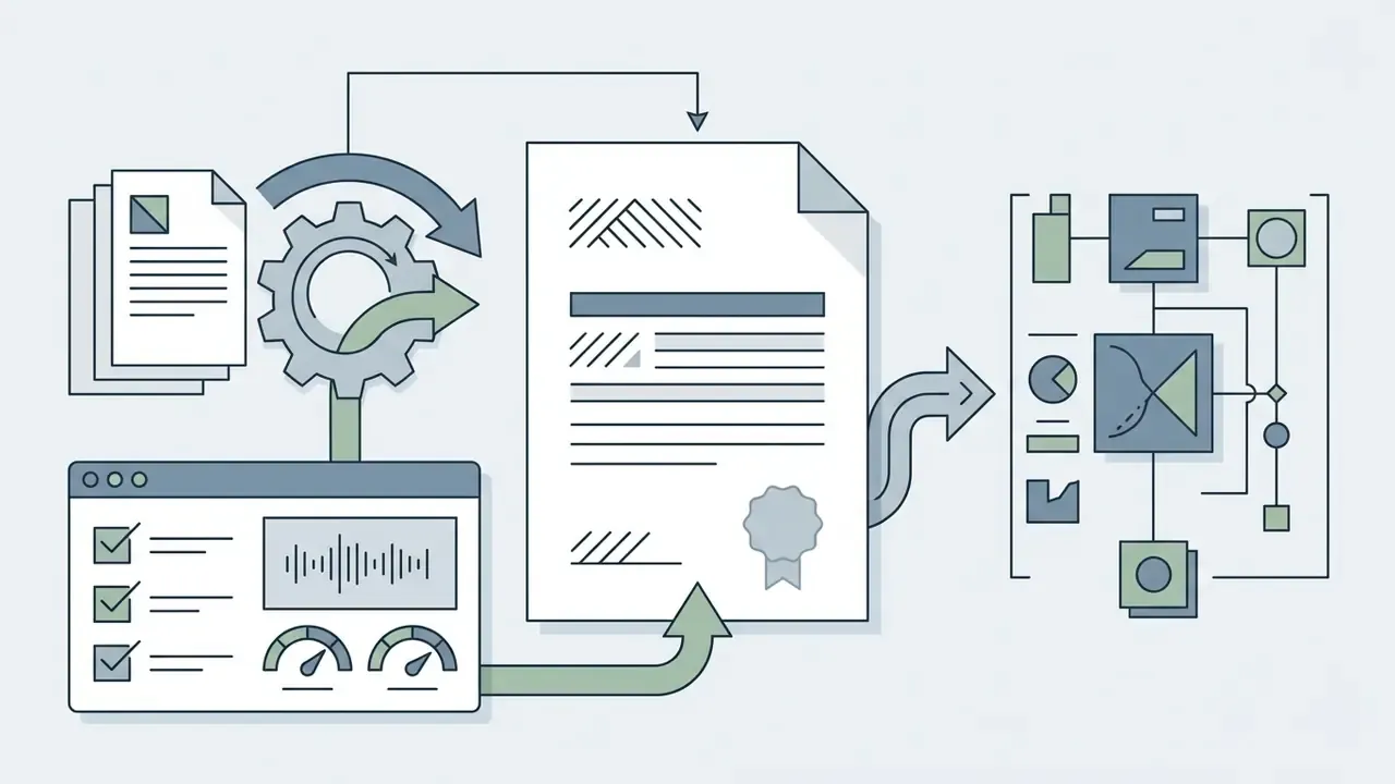 Document and audio processing icons flowing into a central report and a technical system flowchart