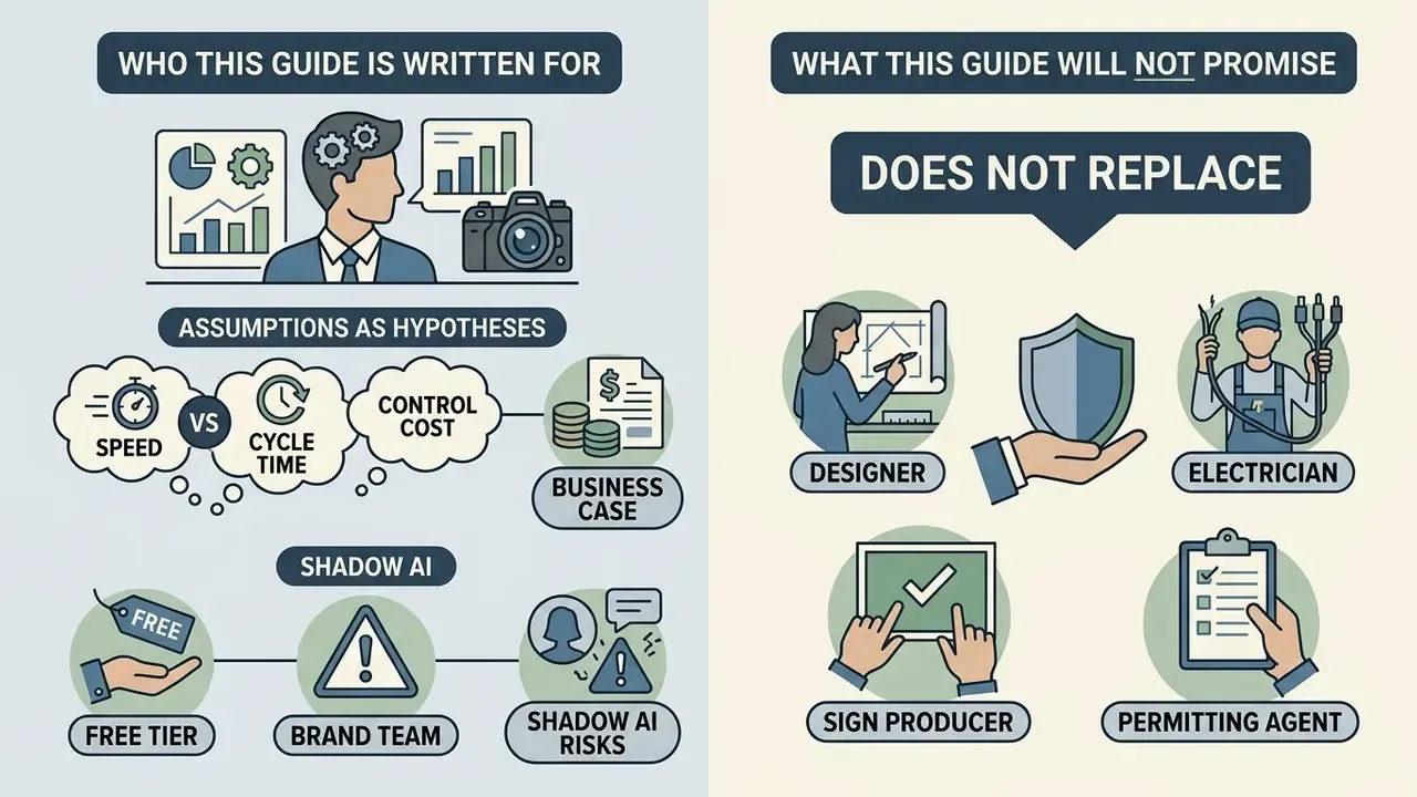 Infographic showing professional roles and business concepts related to using an AI sign generator