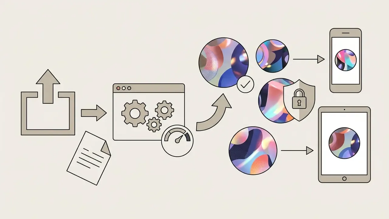 Steps showing file upload, processing, and application of circular avatars to mobile and tablet screens