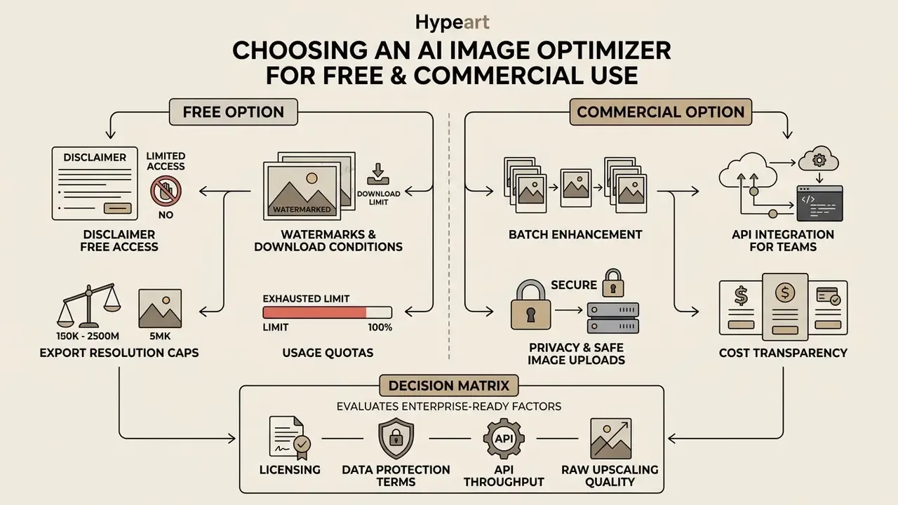 Decision matrix comparing free and commercial software features including usage limits and API integration