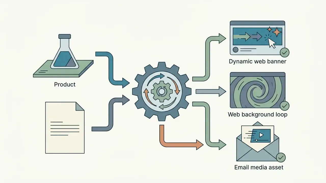 Inputs of product photos and text documents feeding into a central gear to create marketing video assets