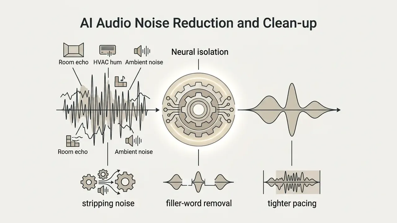 Audio waveform processing showing noise removal and filler word reduction through a central neural gear