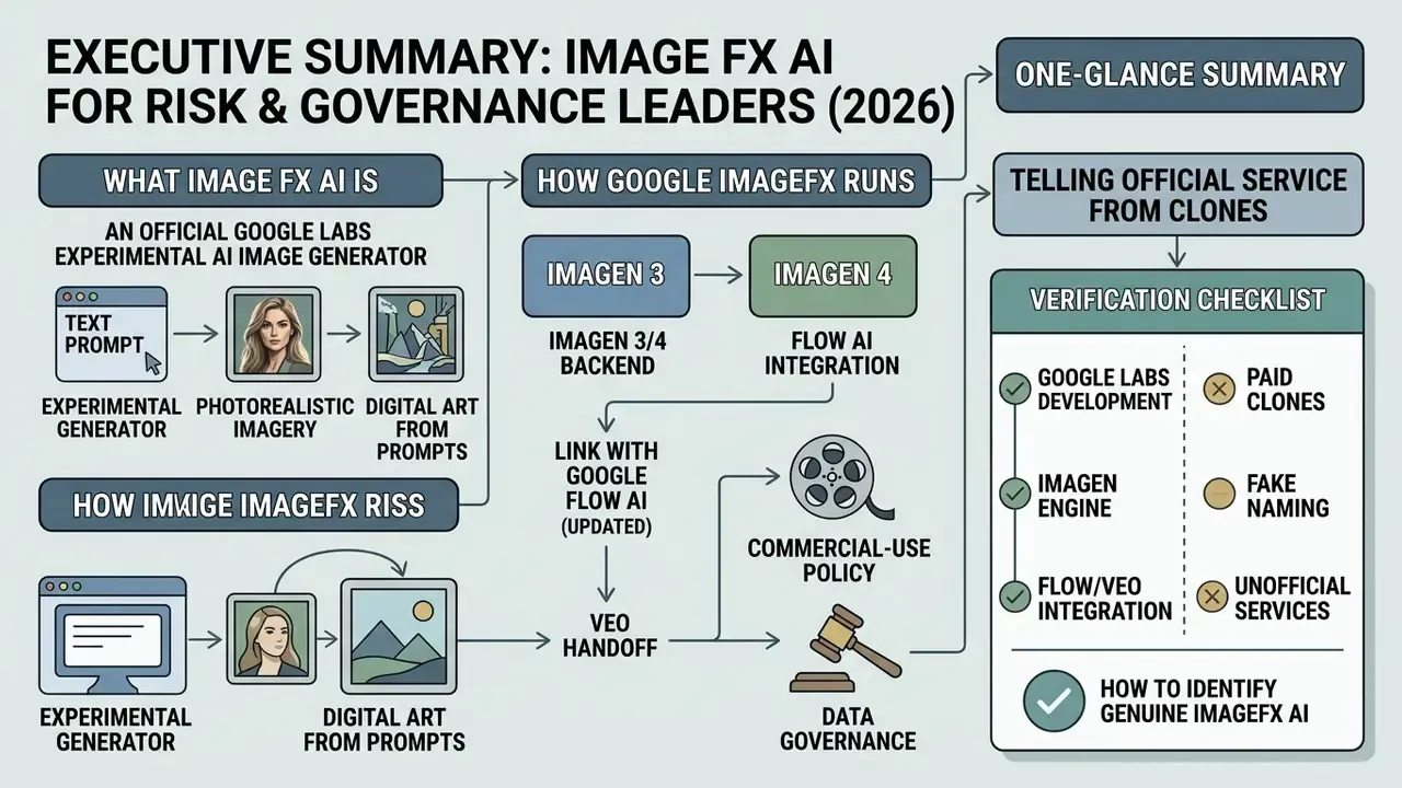 Flowchart detailing the Image FX AI generation process, backend models, and a verification checklist