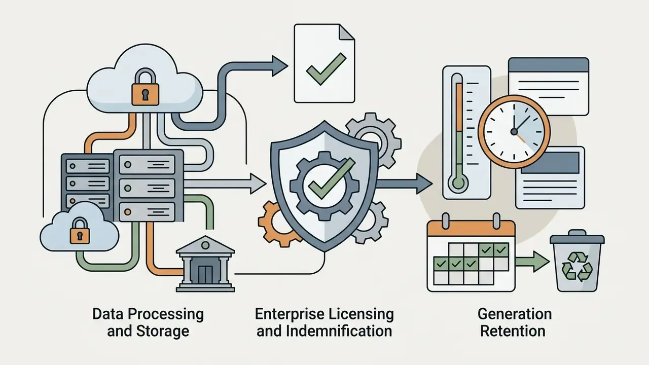 Cloud servers and a bank icon connecting to a shield gear system leading to retention and deletion icons
