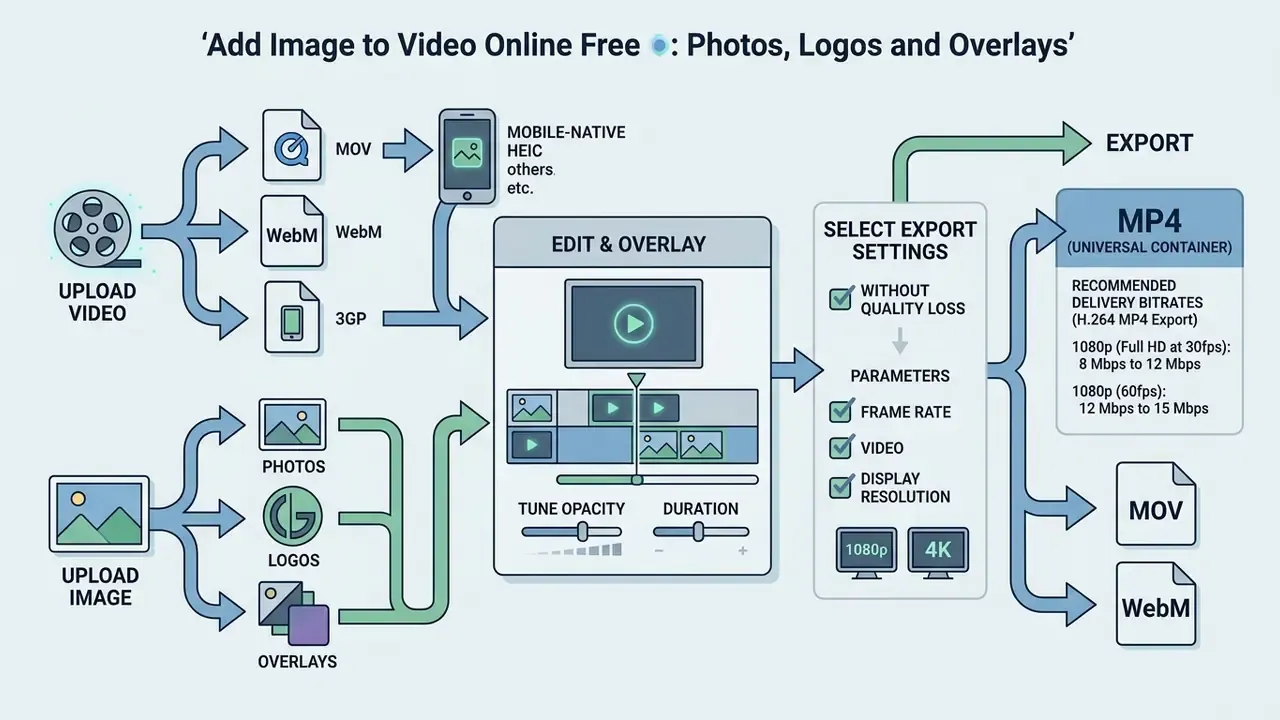 Flowchart displaying the process of uploading media, editing overlays, and selecting final export formats