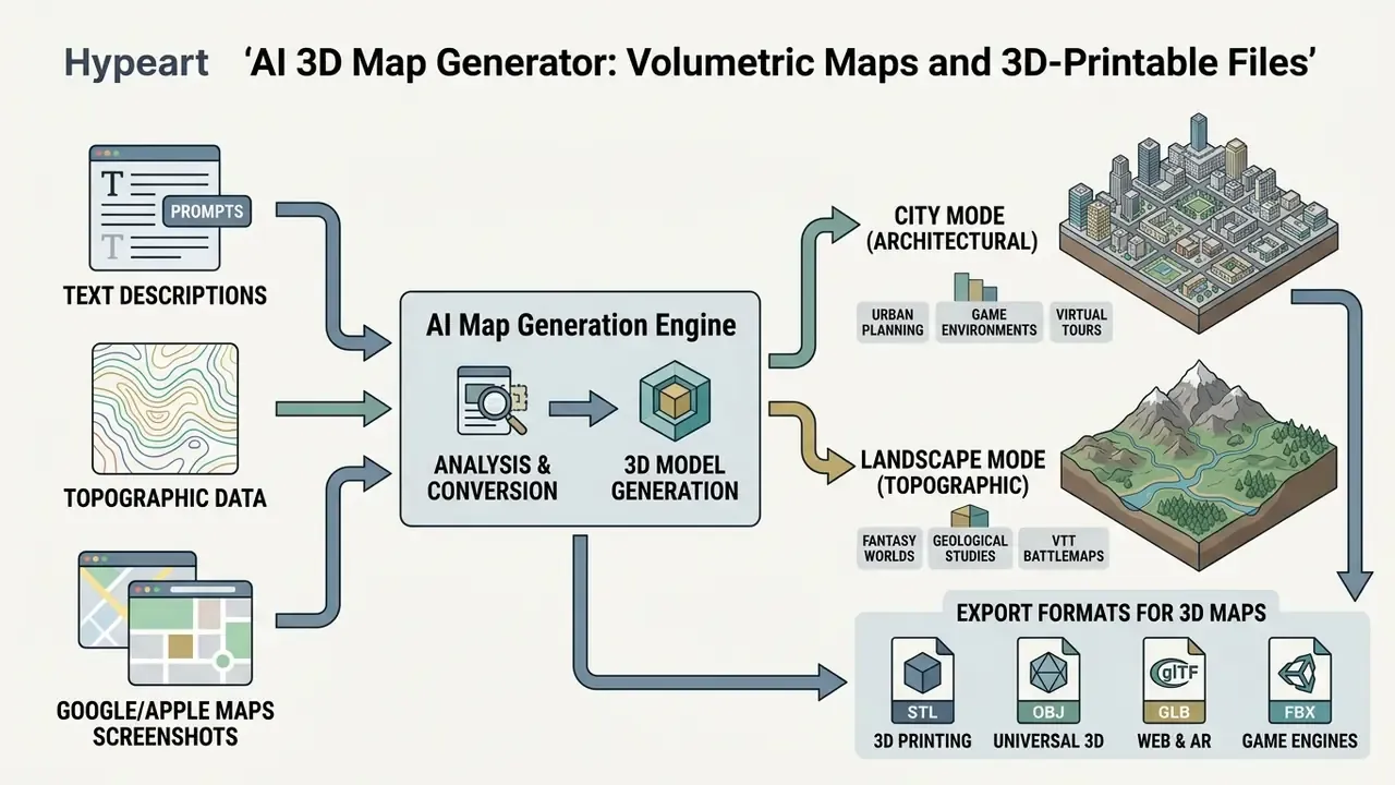 Inputs processed into architectural or landscape 3D models with various file export formats