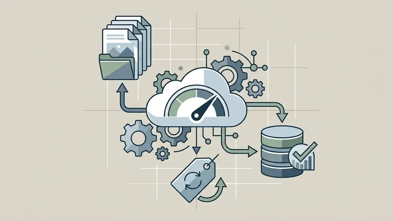 Cloud icon with a speed gauge connected to file folders, a price tag, and a database with a checkmark