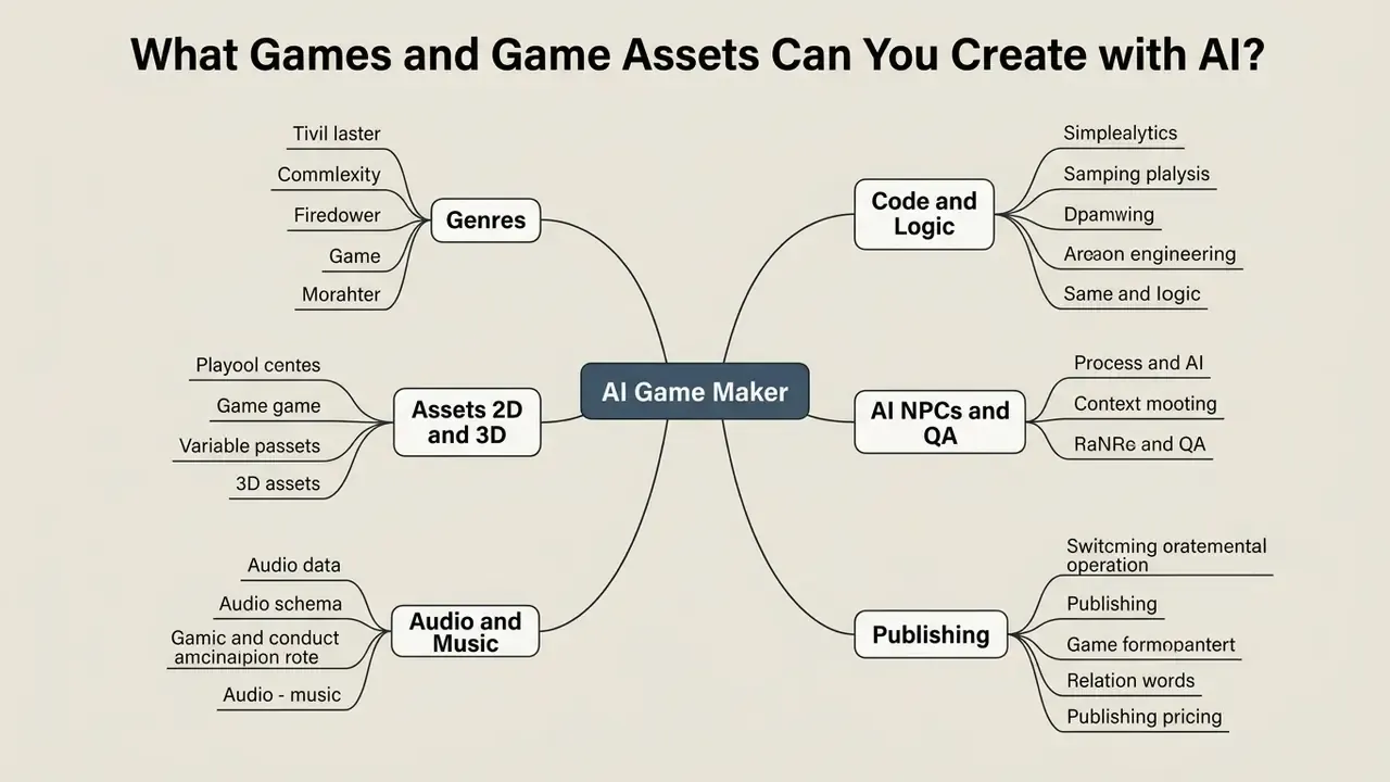 Mind map diagram detailing development categories like genres, assets, logic, NPCs, and publishing