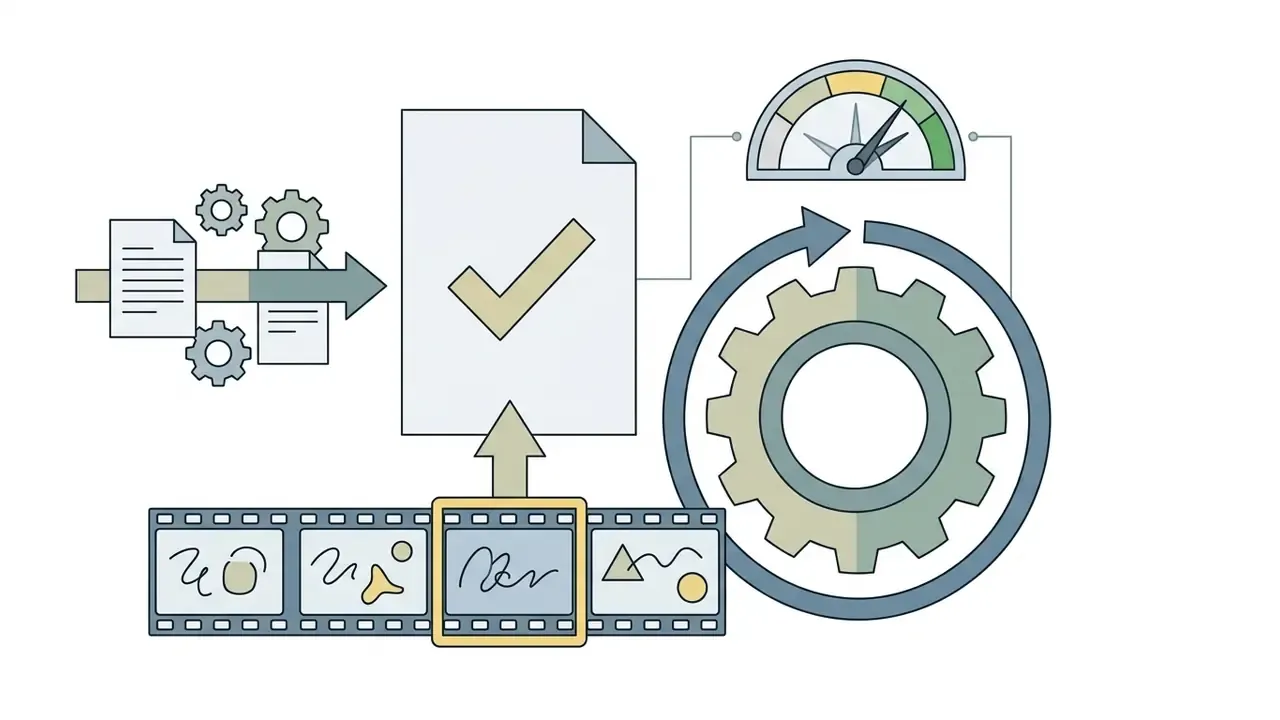 Film strip frame feeding into a document with a checkmark and a circular gear gauge indicator