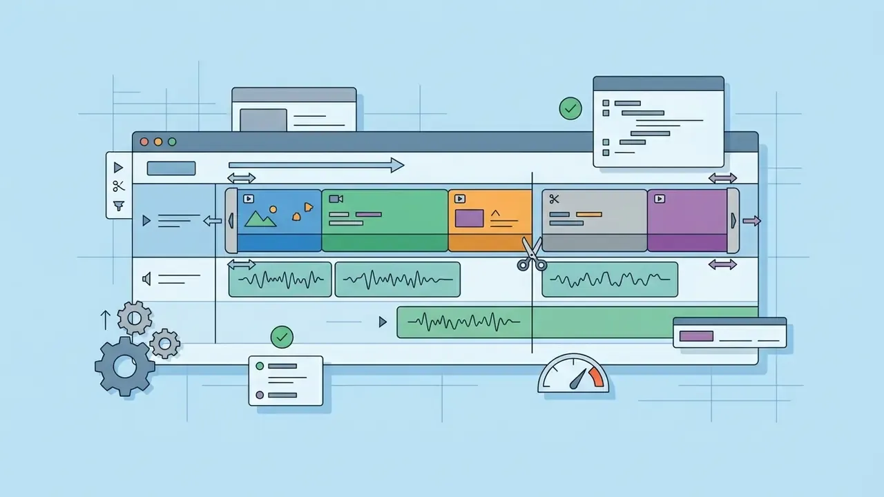 Software timeline interface with color coded video clips, audio tracks, and editing tools for trimming