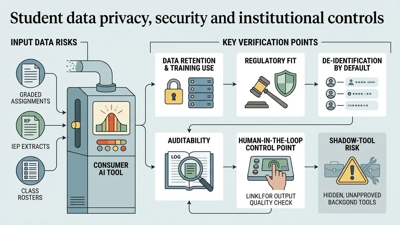 Flowchart showing input data risks feeding into a processor with key verification points for school software