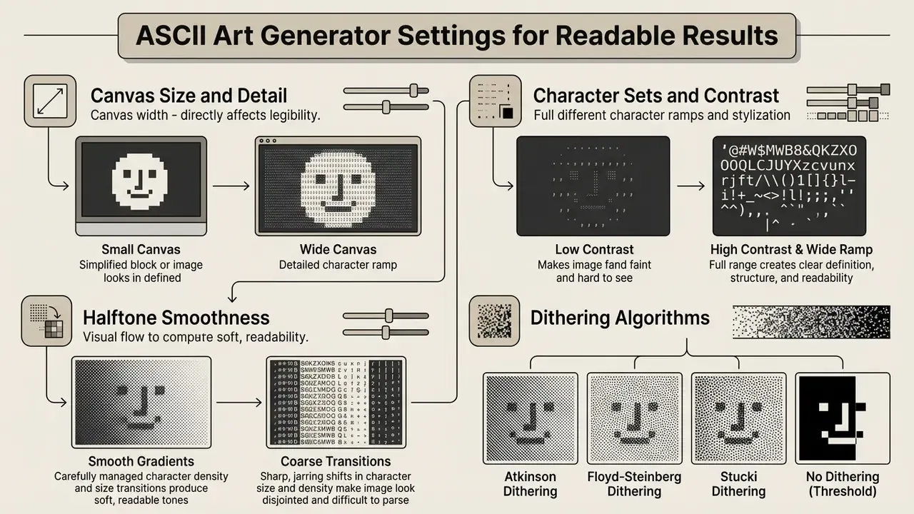 Infographic explaining how canvas size, character contrast, and dithering algorithms affect image to text art