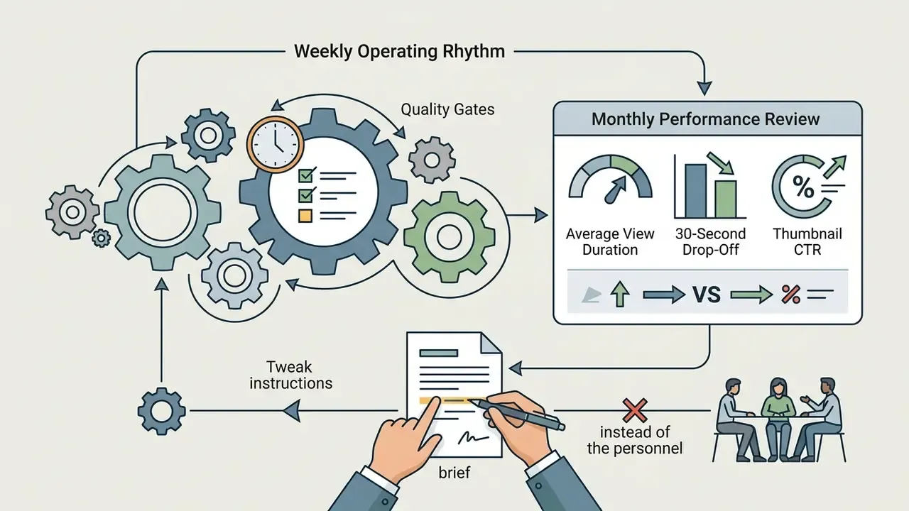 Gears and performance metrics cycle through a review process to update a brief instead of the personnel