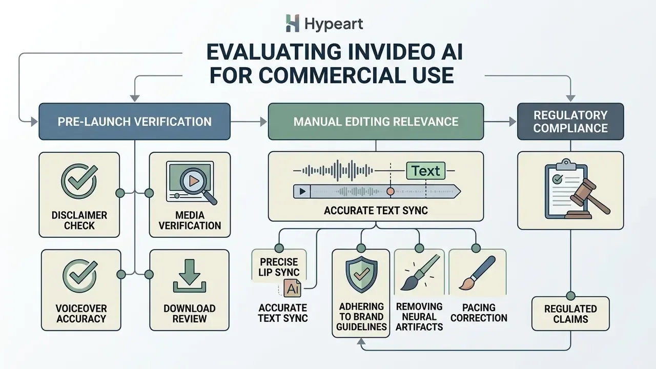 Flowchart outlining verification, manual editing, and compliance steps for InVideo AI commercial projects
