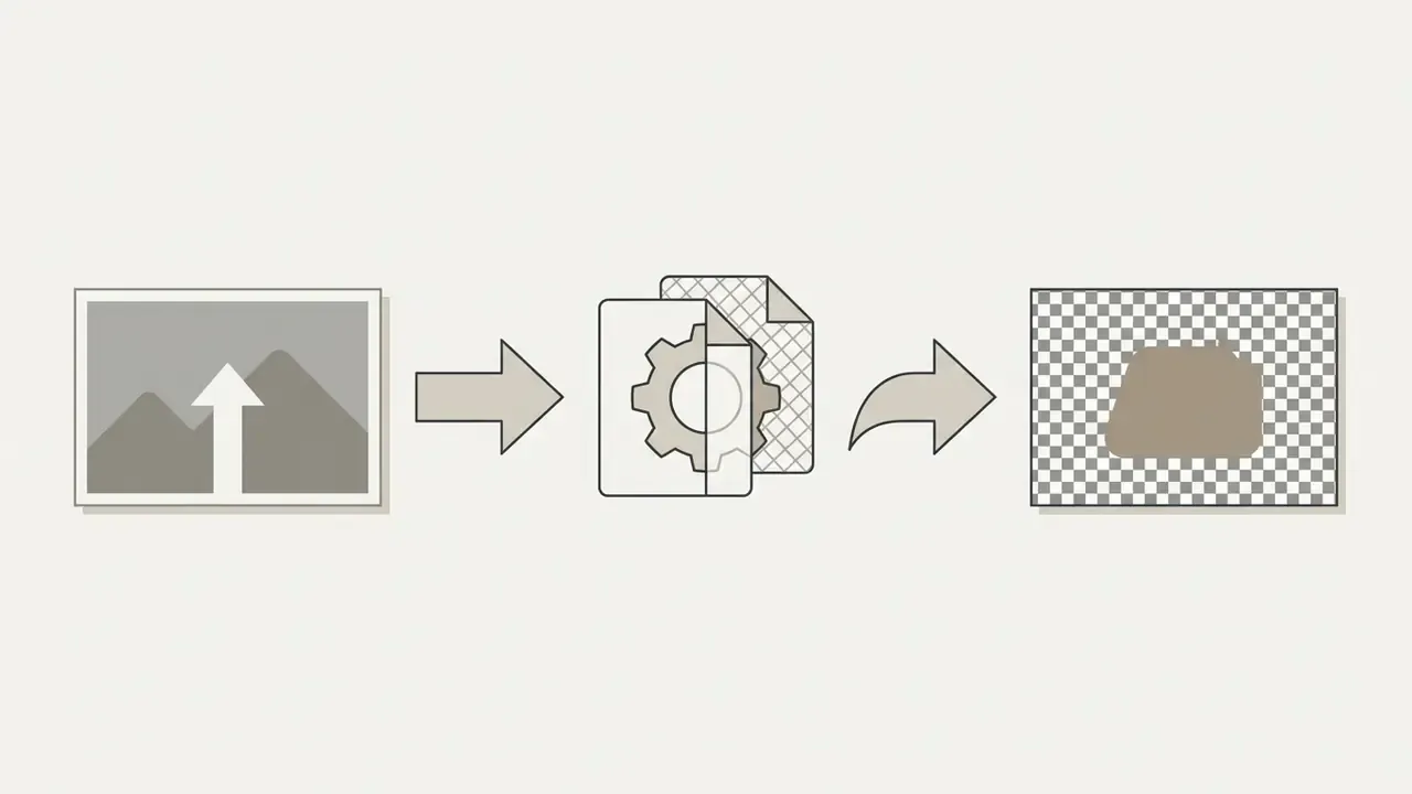 Sequence showing an image upload, a gear icon processing files, and a final checkered background