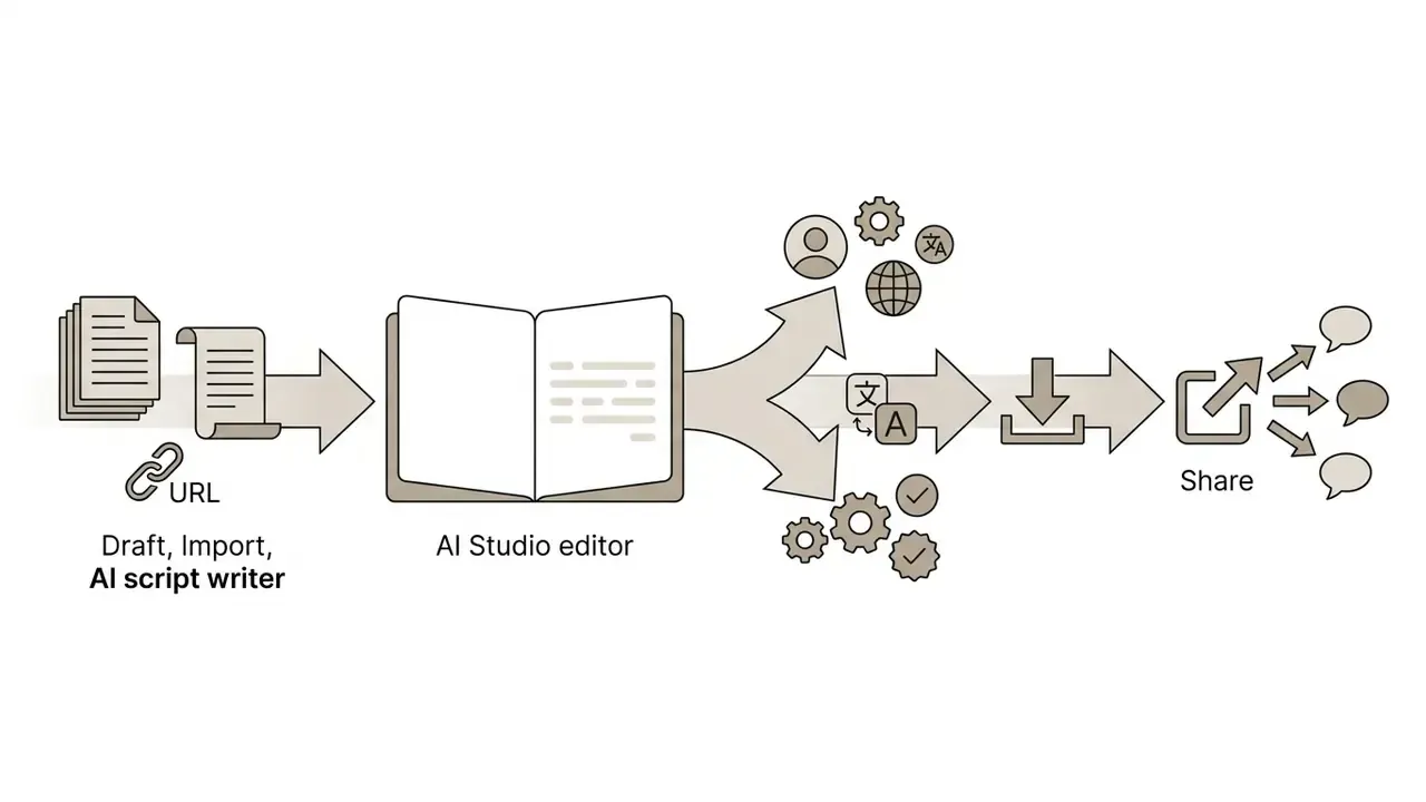 Scripts and URLs feeding into an editor for translation, processing, and final video sharing