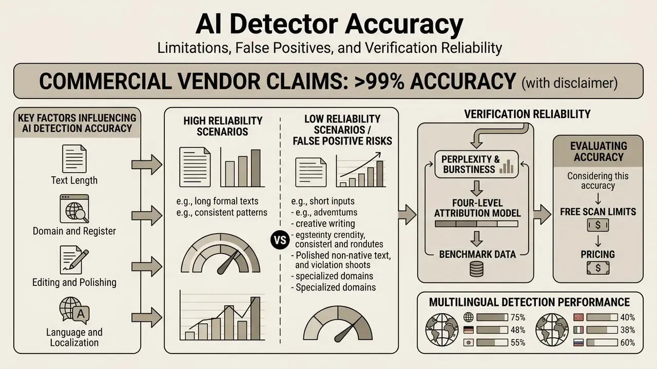 Infographic comparing high and low reliability scenarios for an AI generator checker and its accuracy