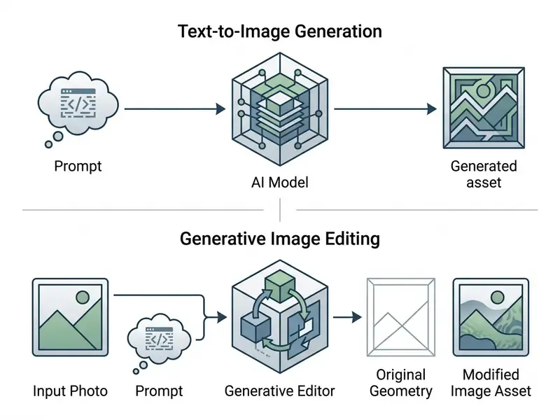 Diagram contrasting text-to-image creation with generative editing workflows by showing input paths