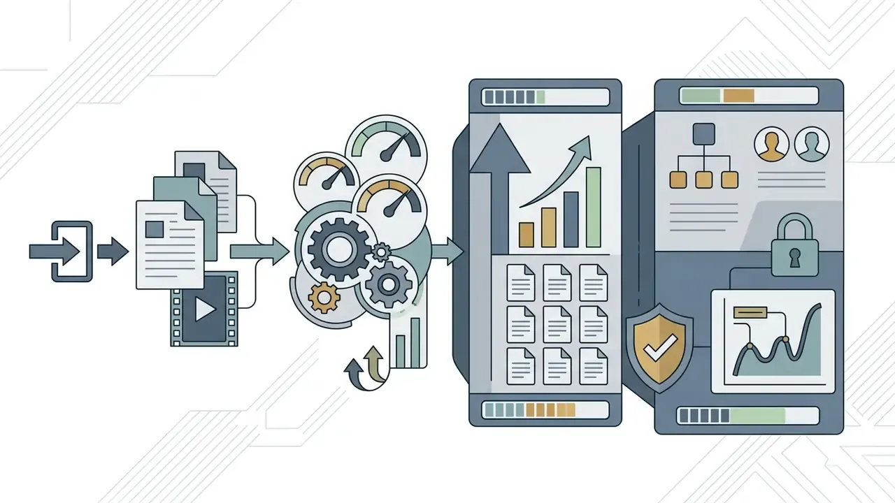 Files moving through speedometers and gears into server panels with growth charts and security icons