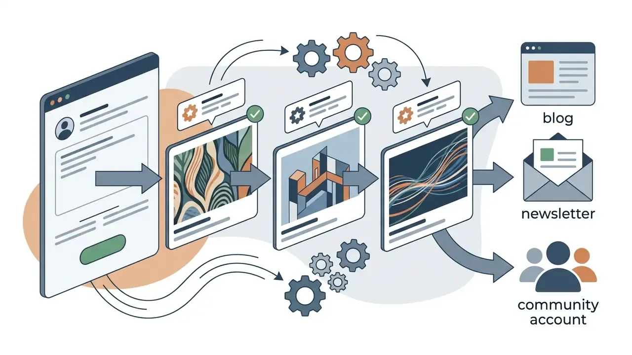 Digital interface processing image files through gears into blog, newsletter, and community account formats
