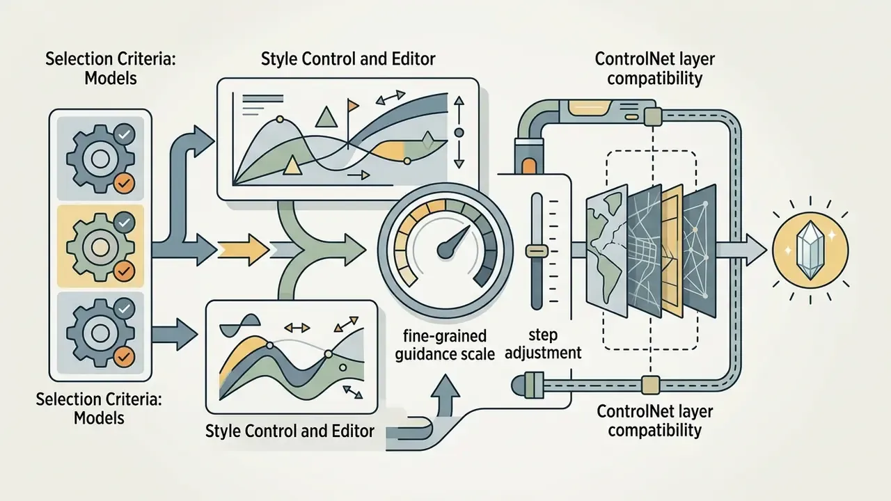 Visual representation of model selection, style controls, guidance scales, and ControlNet layer adjustment