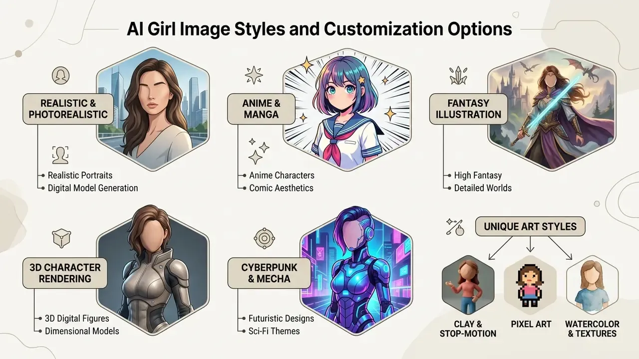 Collection of various artistic styles for AI girl generators including photorealistic, anime, and fantasy