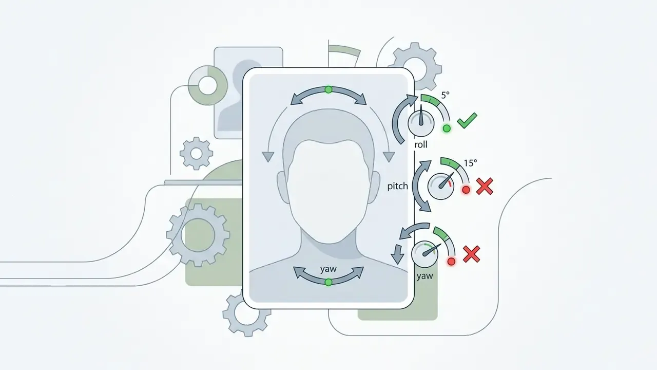 Stylized head outline with circular gauges showing acceptable and unacceptable rotation angles for portraits
