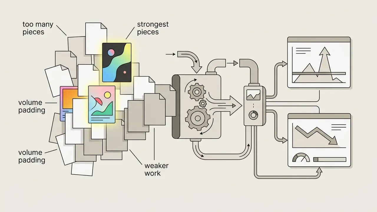 Heap of artwork documents passing through a gear processor to show how volume impacts quality metrics