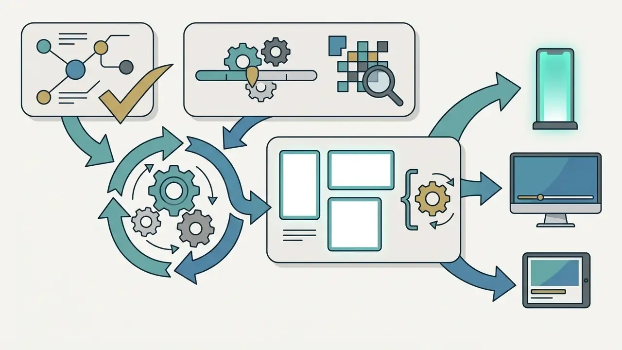 Cycle of gears leading to layout options for mobile, desktop, and tablet screen aspect ratios