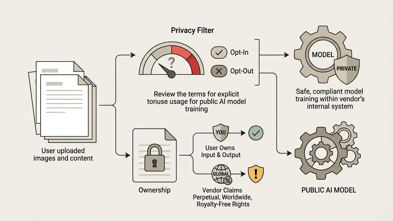 Data flow showing privacy filters and ownership rights for user content in AI model training