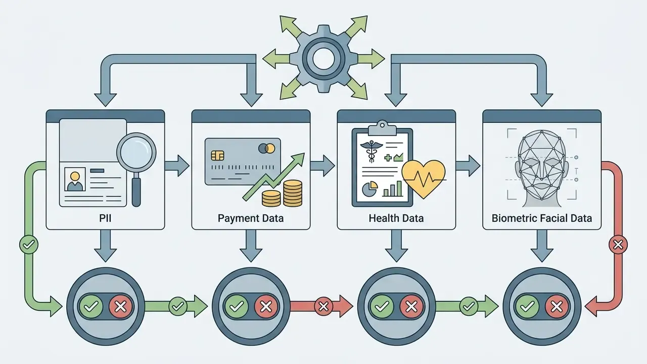 Diagram showing a screening process for PII, payment, health, and biometric data with toggle switches