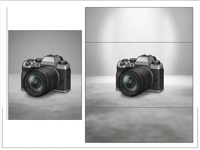 Comparison of a square camera product photo and an expanded 16:9 version with added studio background