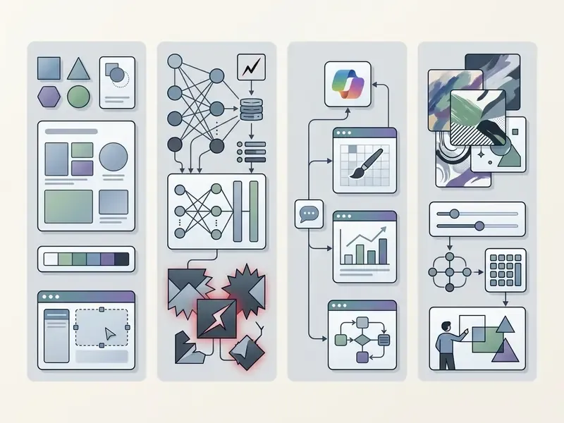 Four vertical panels displaying icons for design tools, neural networks, data workflows, and image editing