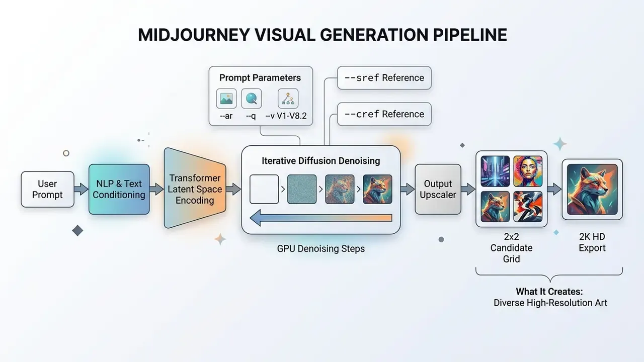 Flowchart showing the Midjourney AI image generation process from user prompt to final high-resolution export