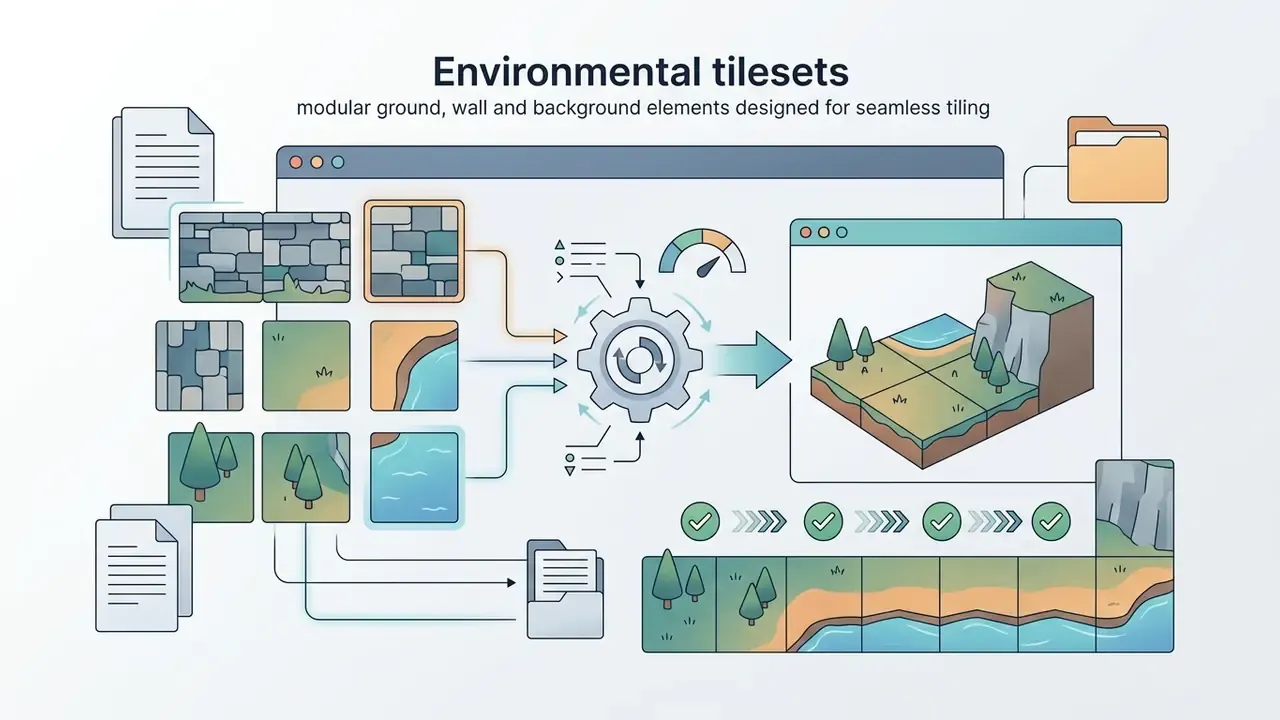 Process of assembling modular environmental tiles into a seamless 3D game landscape