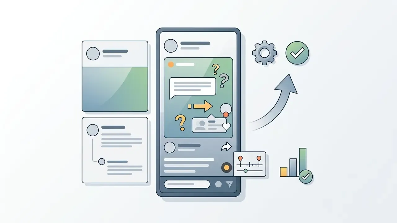 Mobile interface displaying comment reply overlays with gear icons and data charts for social content