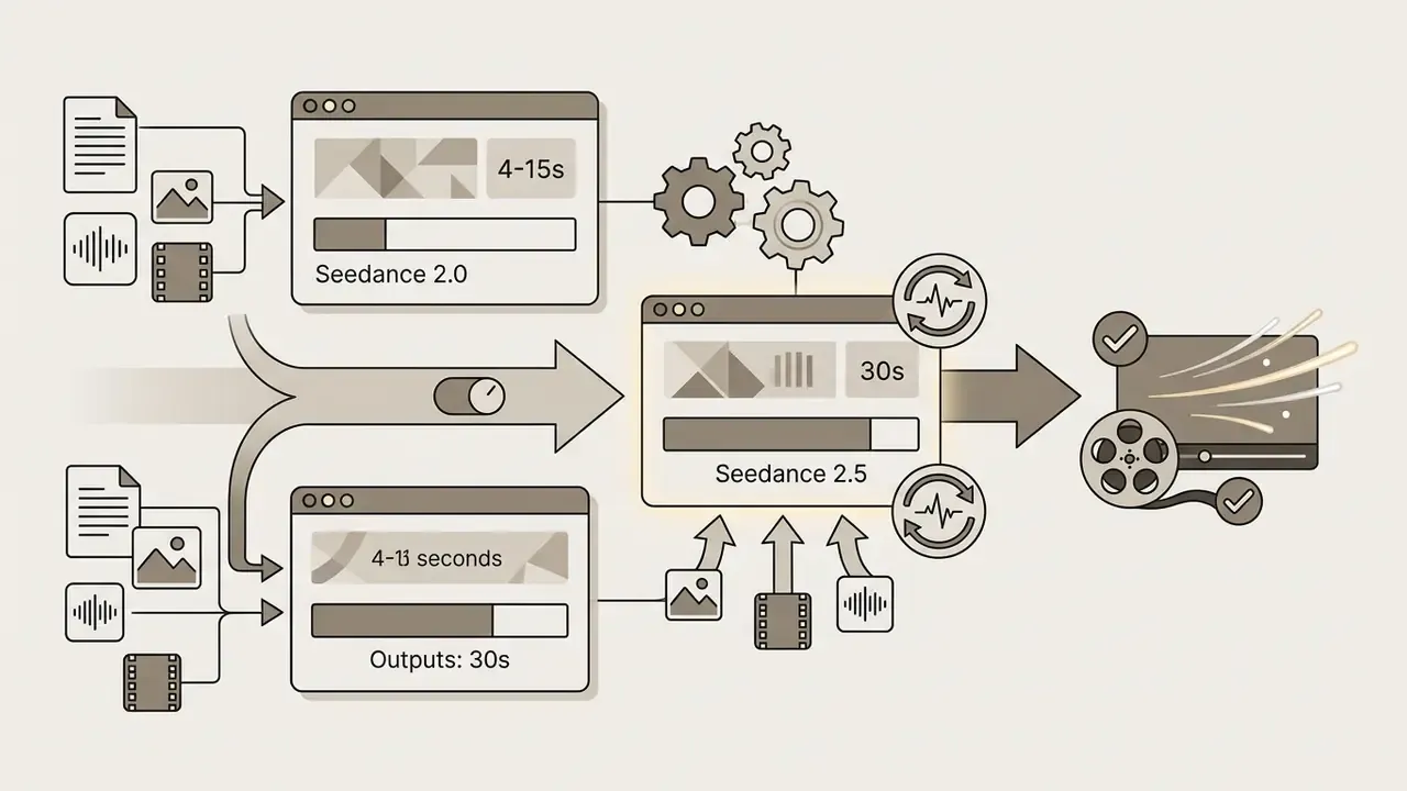 Workflow diagram showing text, image, and audio inputs processing through Seedance AI model versions