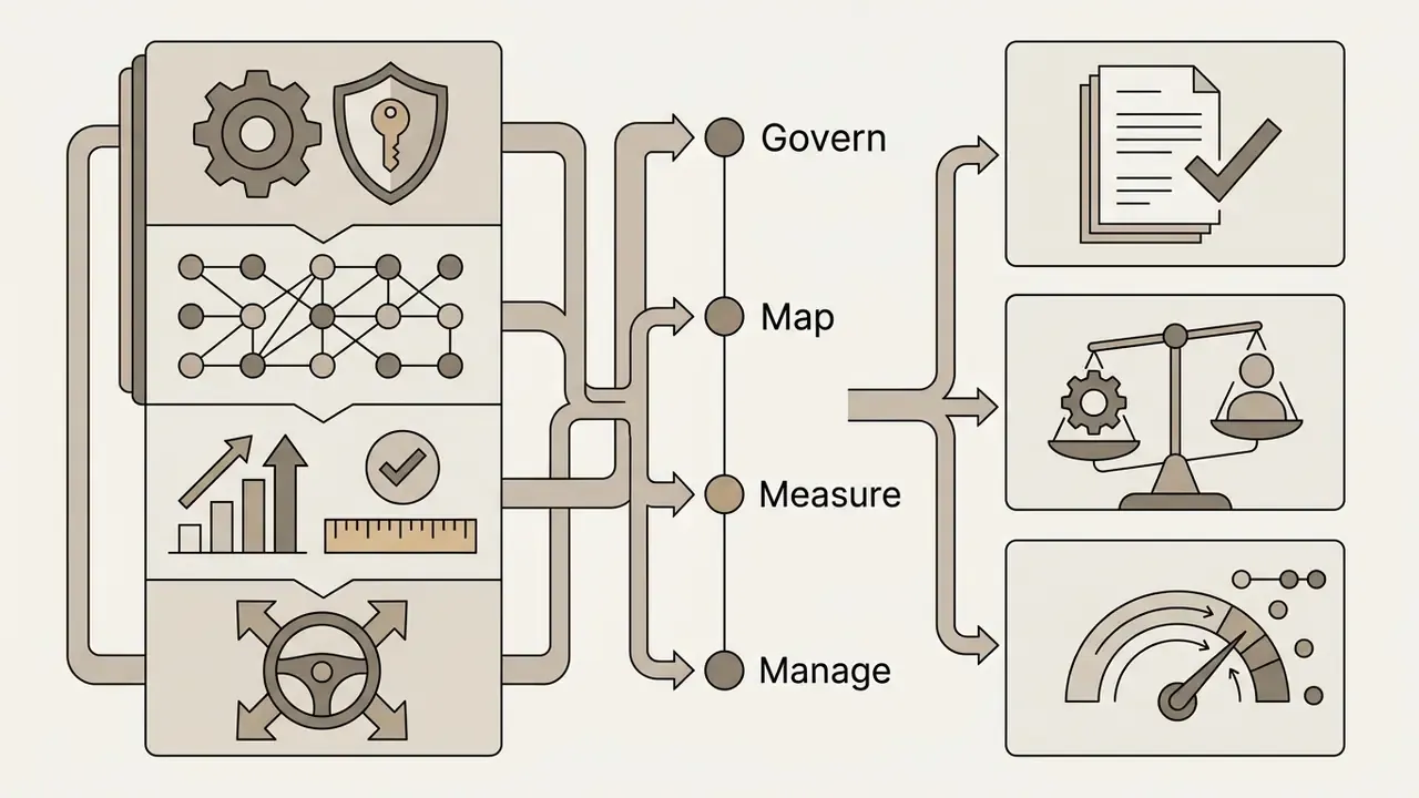 Icons mapping model inputs to NIST AI RMF functions and final compliance evaluation categories