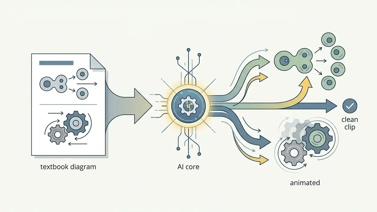 Textbook diagram feeding into an AI core that outputs animated cellular and mechanical sequences