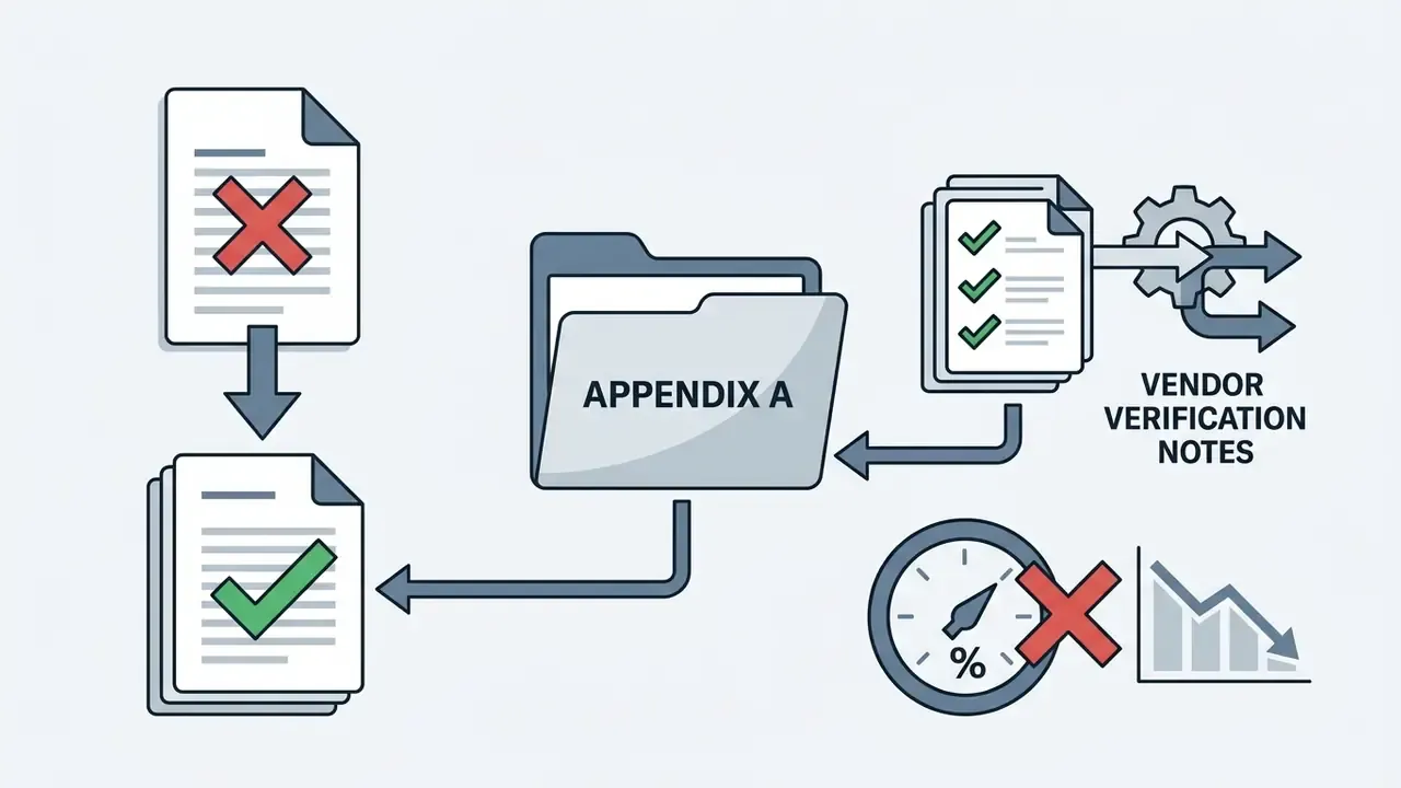 Folder icon centralizing document revision status and vendor verification notes with a rejected metric