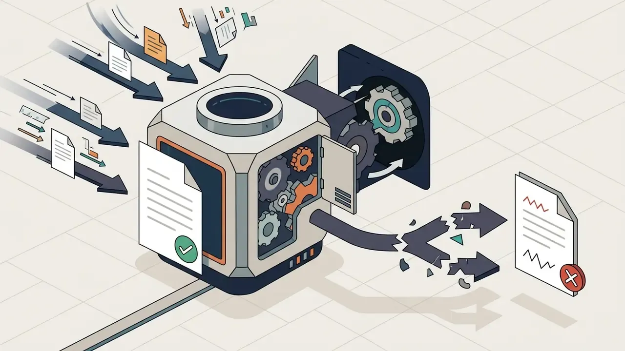 Mechanical processor box with gears transforming input documents into broken output files