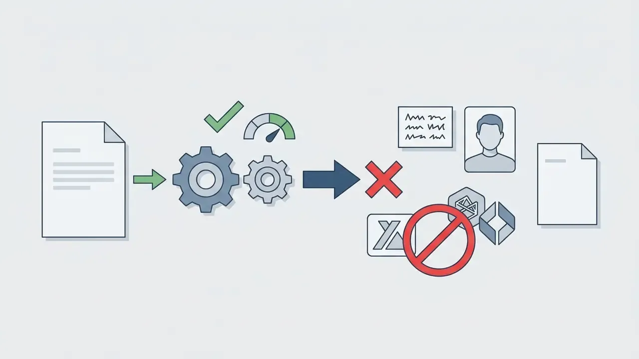 Document and gears processing data with a red cross symbol filtering out restricted icons and files