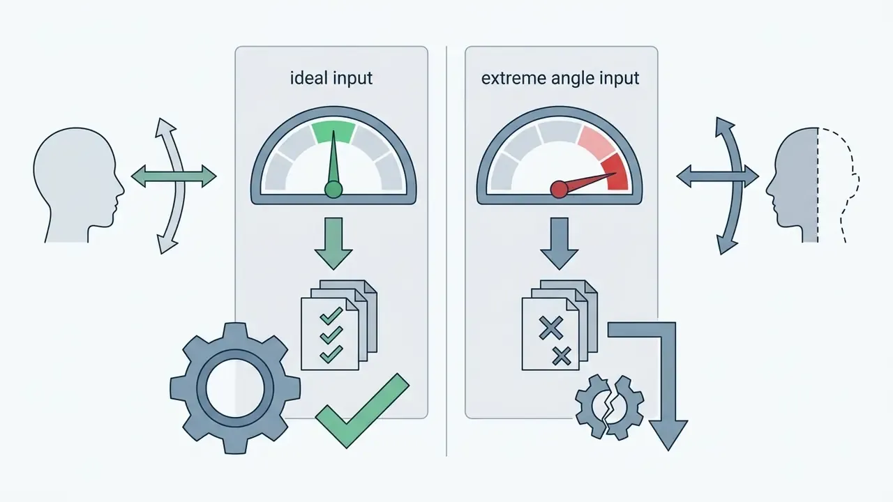 Gauge comparing ideal head angles with successful processing against extreme angles causing errors