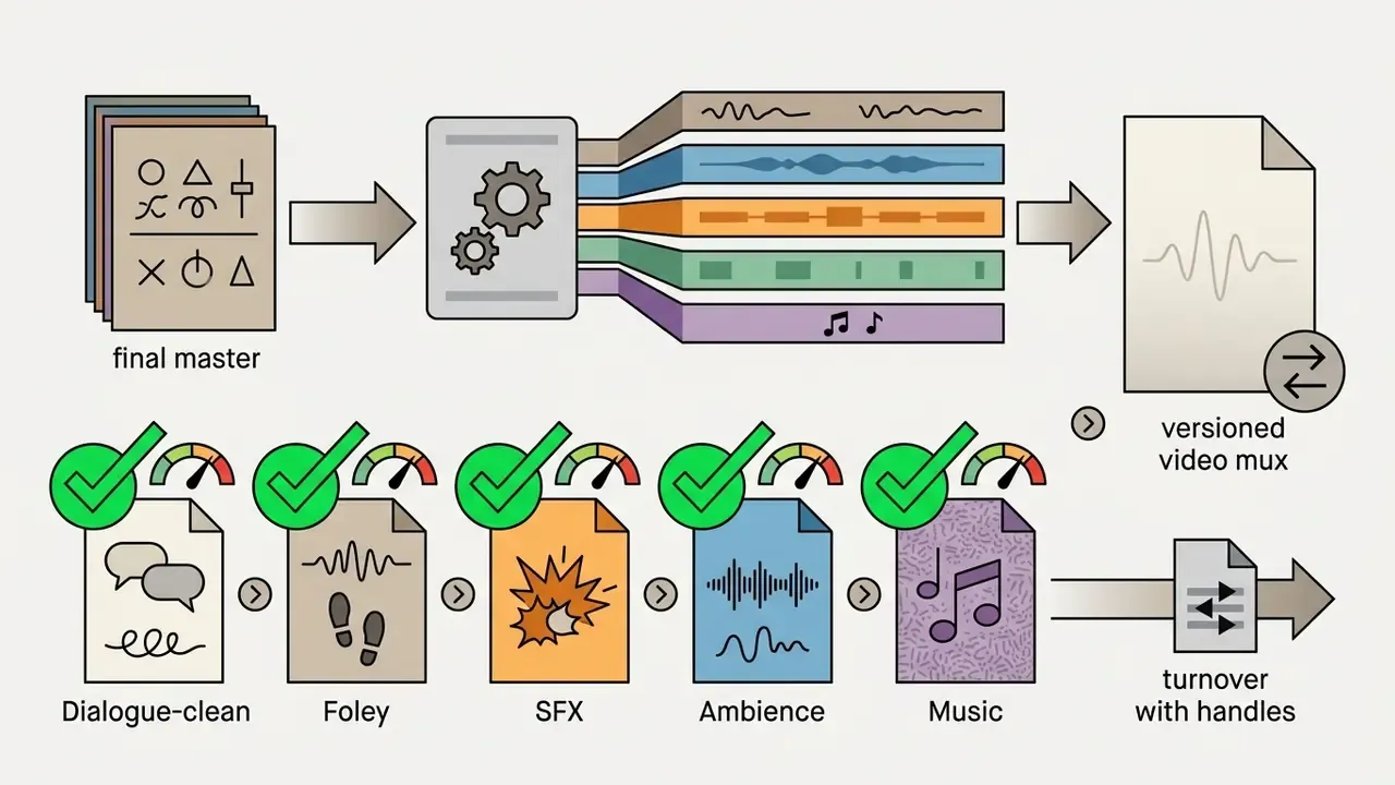 Process of splitting a master audio file into distinct stems for final video export and turnover