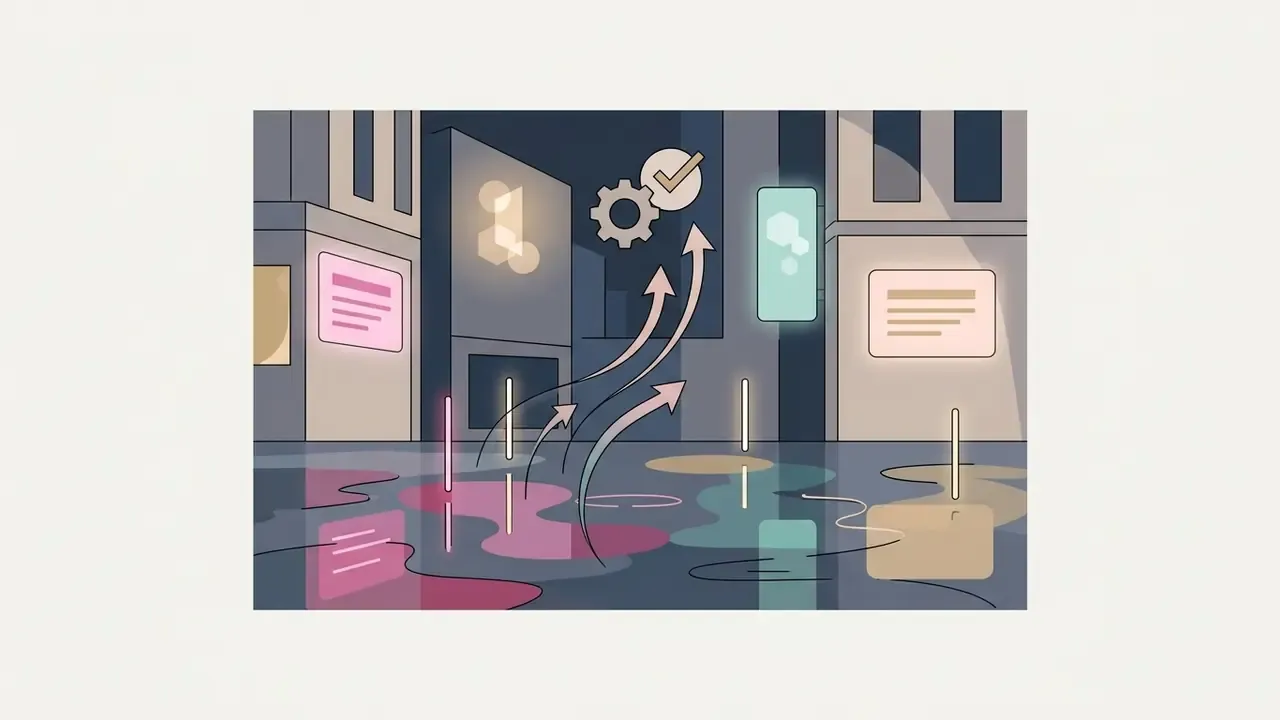 Curved arrows rising from colorful puddles on a dark city street toward gear and checkmark icons